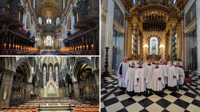 a collage of Trinity choir singers in a cathedral